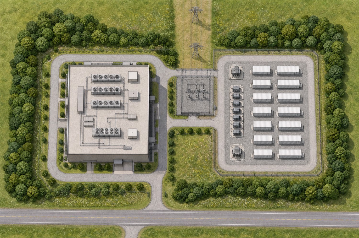 Aerial site plan of a data center and an adjacent fenced battery storage compound connected through a shared switchyard to a transmission corridor