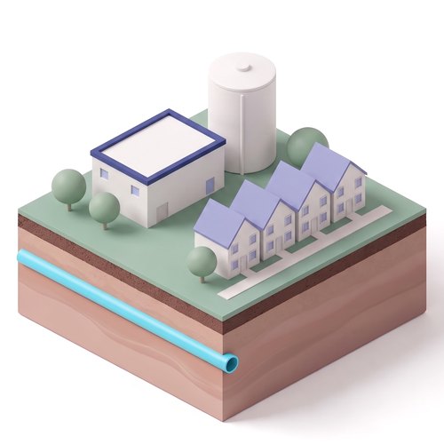 Emblem: a heating plant with a tall hot water storage tank beside a row of pitched-roof terrace houses, on a soil slab with the shared pipe below ground.
