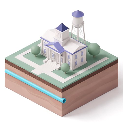 Emblem: a city hall with a clock tower and a water tower, on a soil slab with the shared heat pipe below ground.