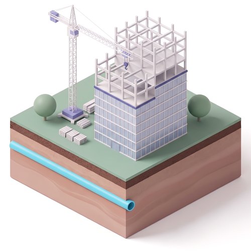 Emblem: a new glass mid-rise under a tower crane, on a soil slab with the shared heat pipe below ground.