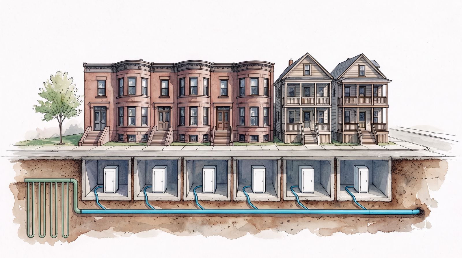 Watercolor section of a Boston street with bow-front brownstones and triple-deckers. Each basement has a heat pump, joined by one straight main deep below ground to a small well field under a side lot. The main runs on toward the next street.