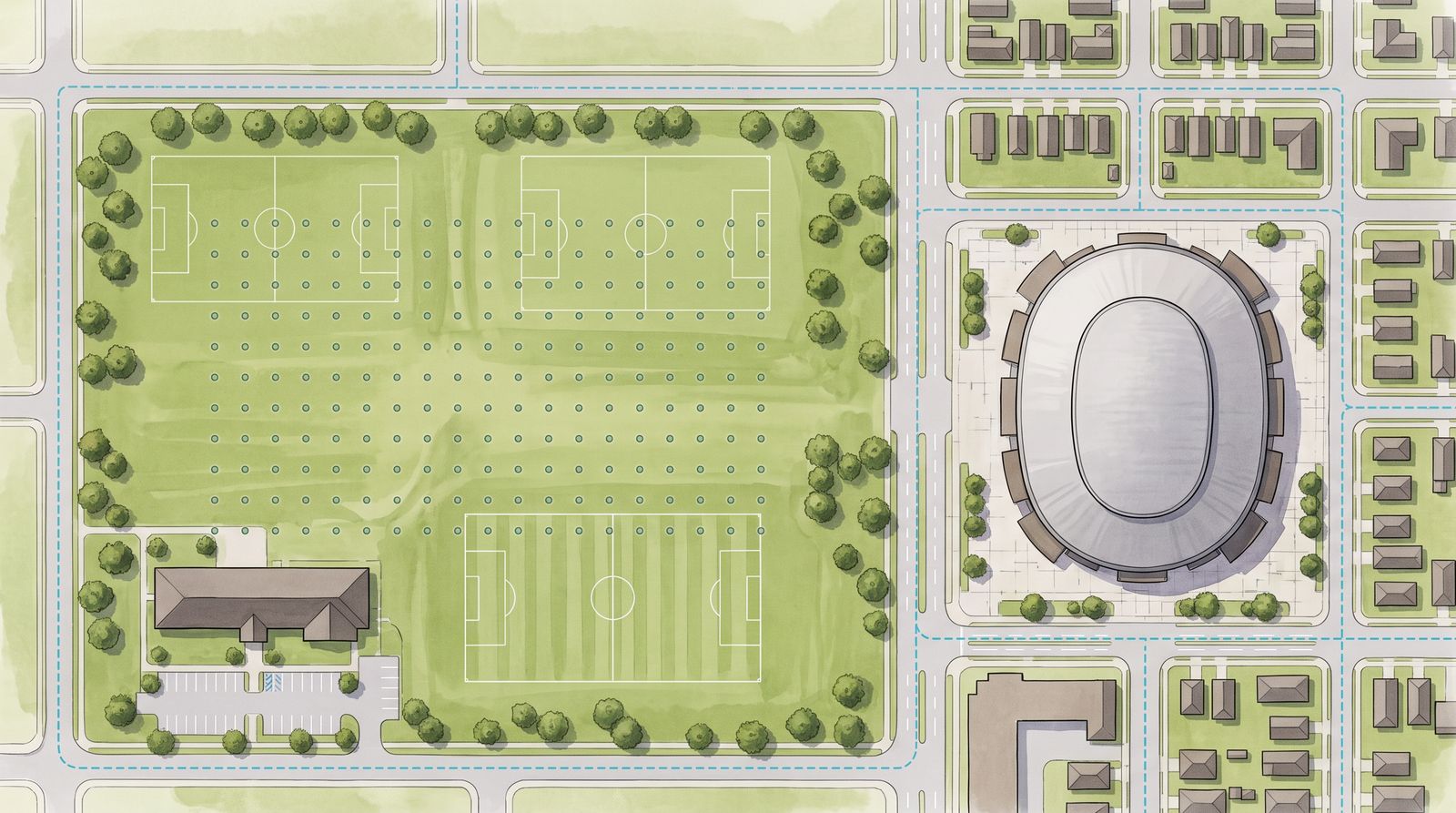 Plan view of an open public parcel with sports fields and a low civic building, a faint grid of wells under the fields, a large oval stadium on the next parcel, and a grid of small buildings, with the buried loop shown as dashed lines in the roads.