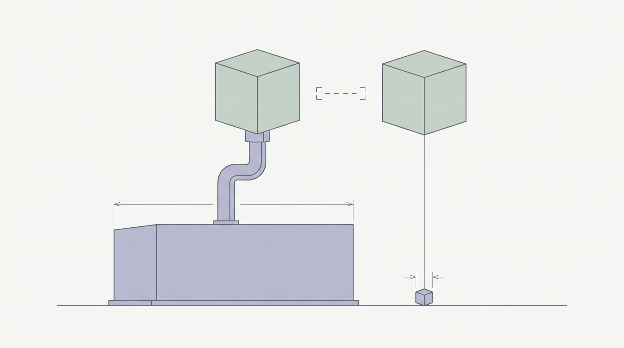 Two identical tinted cubes of equal size sit side by side, marked as equal by a short broken bracket between them. The left cube is fed by a large solid mass through a thick pipe. The right cube is fed by a single small block through a hairline thread.