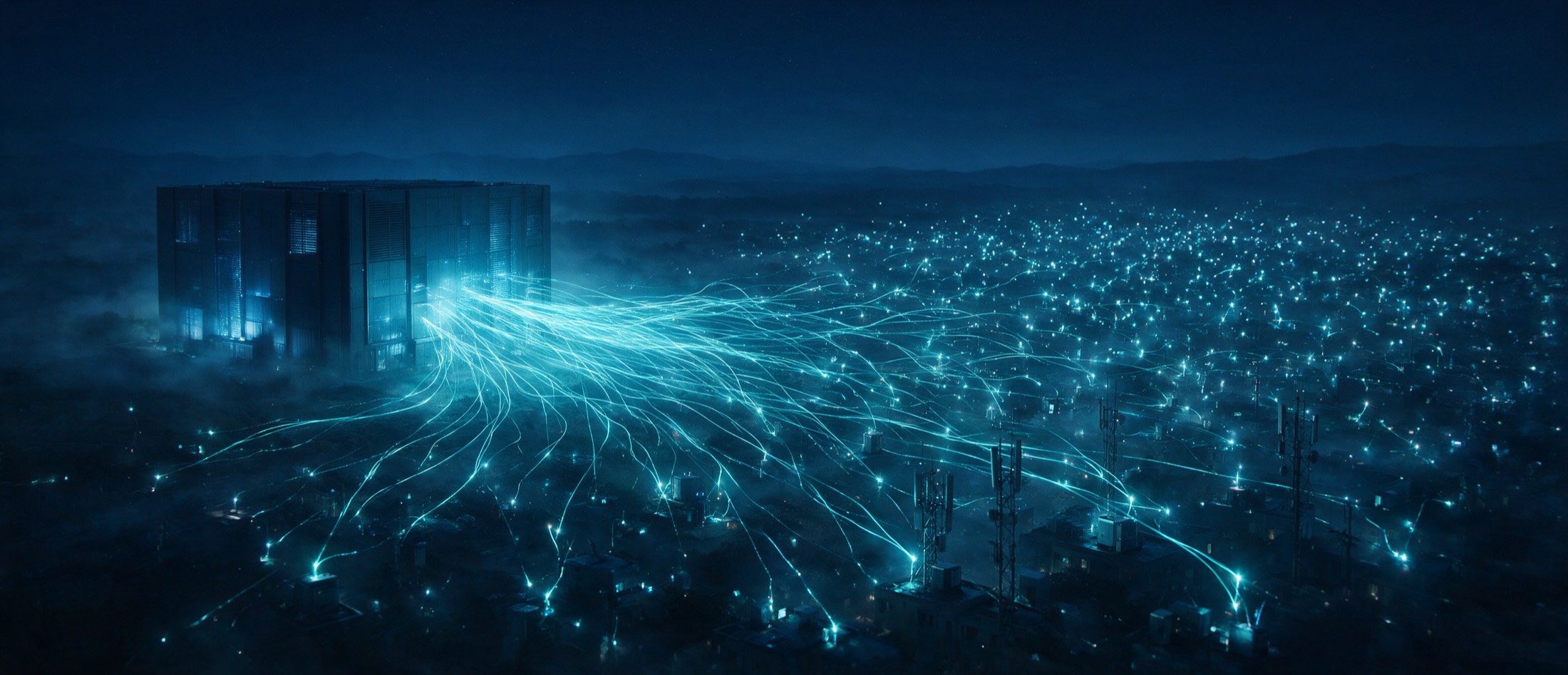 A dimming hyperscale data center on the left streams cyan filaments outward that branch into hundreds of small bright edge nodes across a dark landscape.