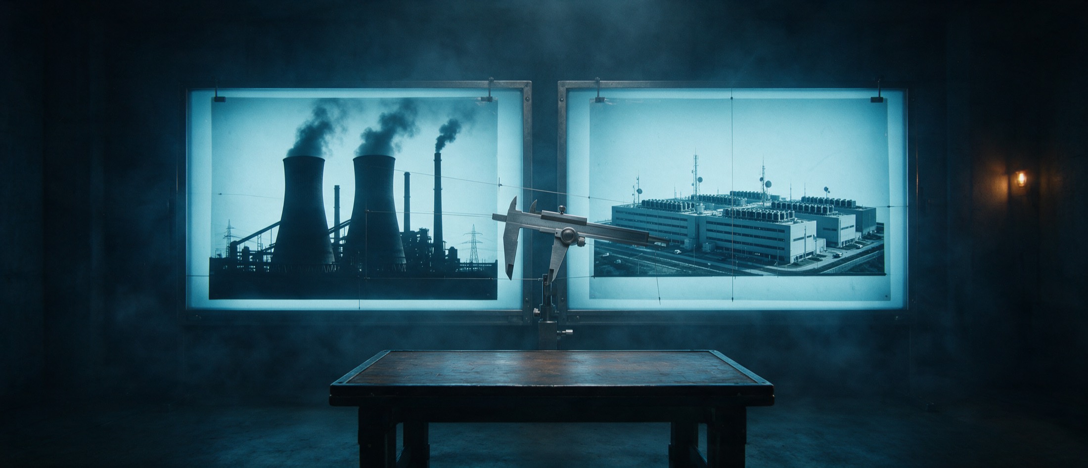 A forensic examination room with two backlit transparencies side by side, a 1990s coal plant and a modern data centre campus, with calipers and measuring threads spanning between them.