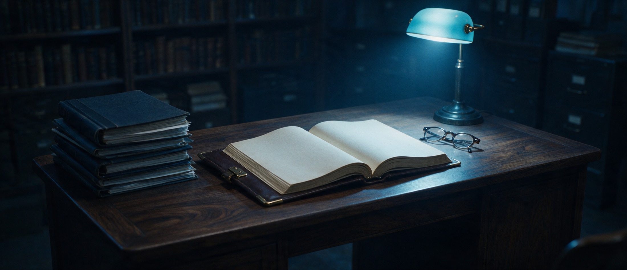 A dark desk in an archive at night, a stack of bound technical reports and an open book with blank pages under a cool lamp.