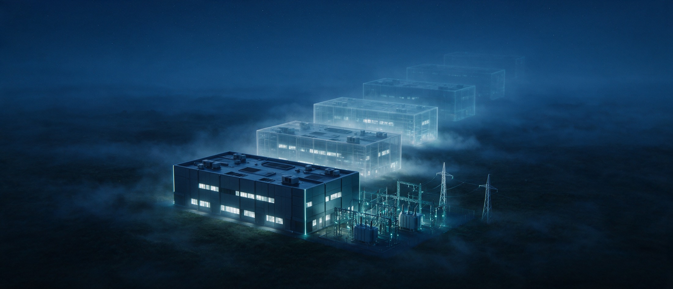 One solid, fully built data centre and substation in the foreground, followed by five progressively larger and more translucent ghost copies of the same building receding into mist.