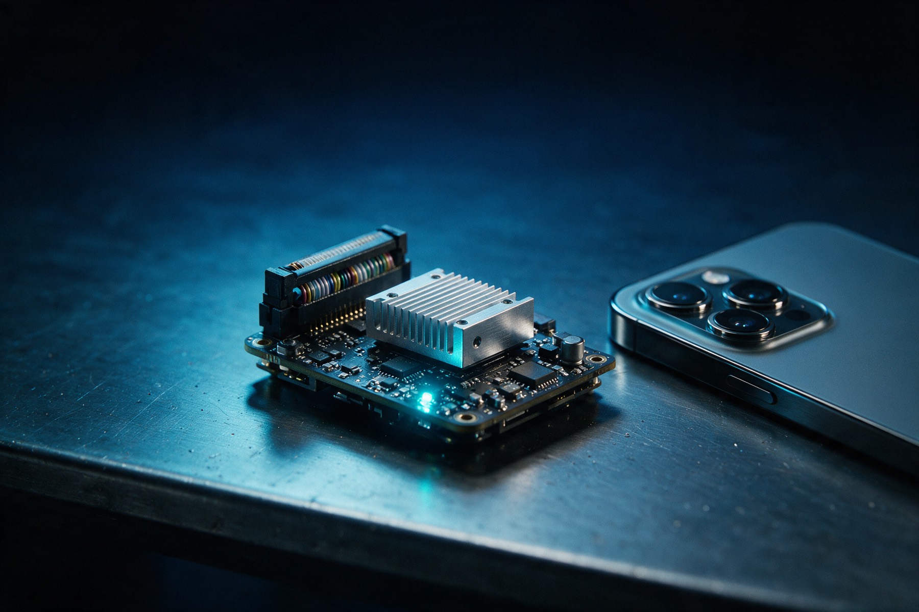 A small edge computing module with a heatsink on a dark workbench beside a smartphone.