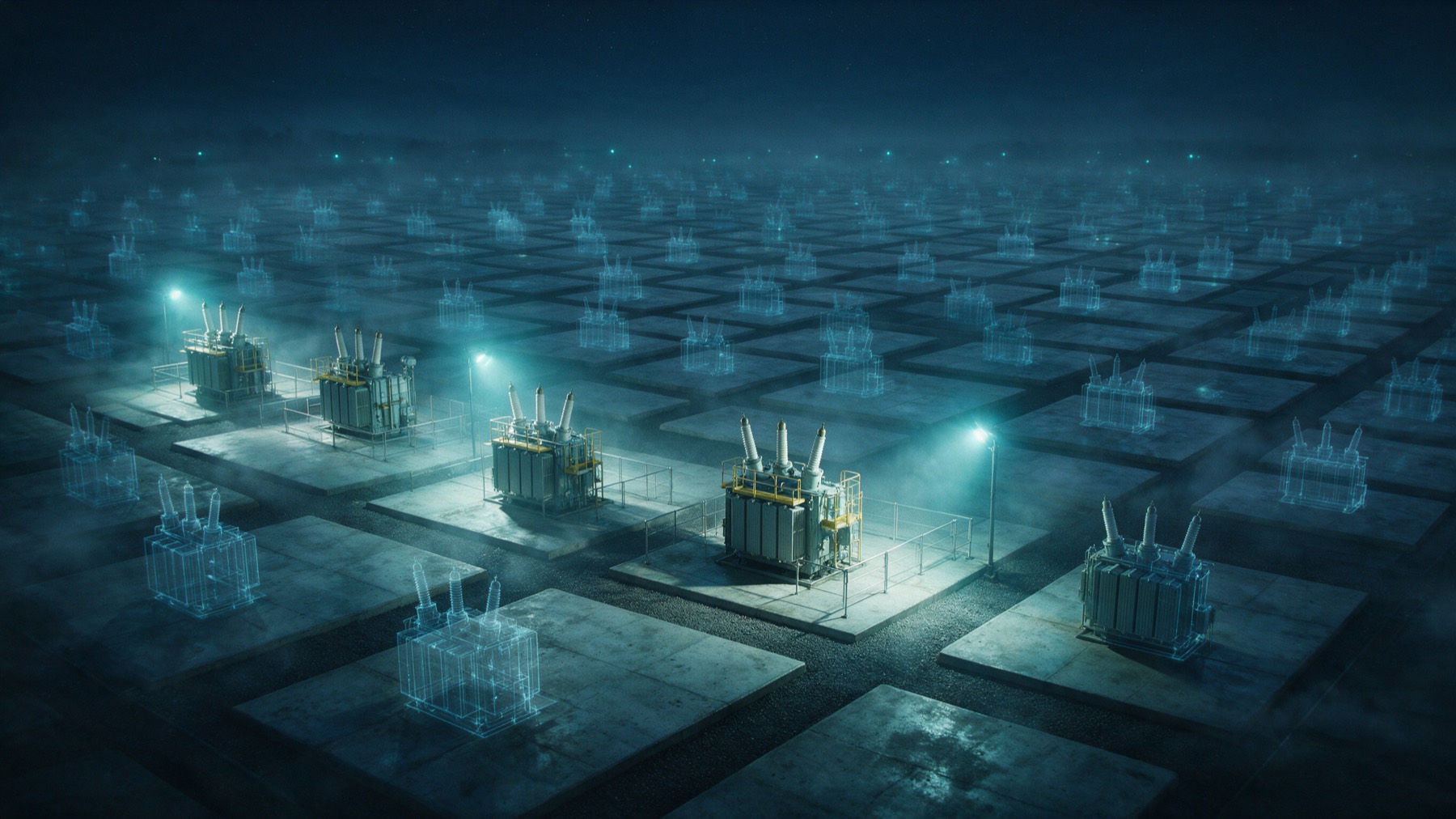 A substation yard where only a few concrete pads carry real transformers while dozens of others hold faint translucent ghost outlines of transformers that were requested but never built.