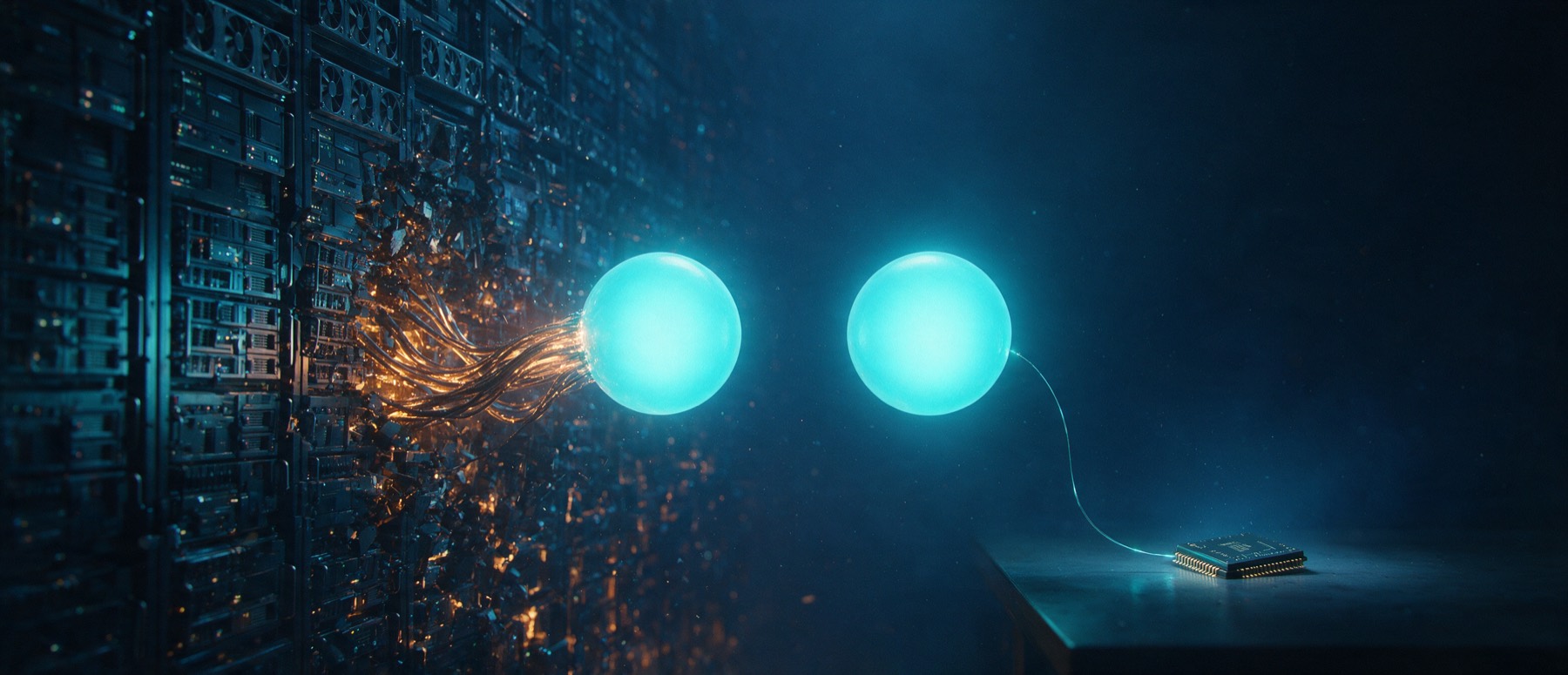 Two identical glowing cyan spheres: the left fed by a colossal fracturing wall of server racks through thick blazing conduits, the right fed by a single small chip on a bench through one hair-thin cable.
