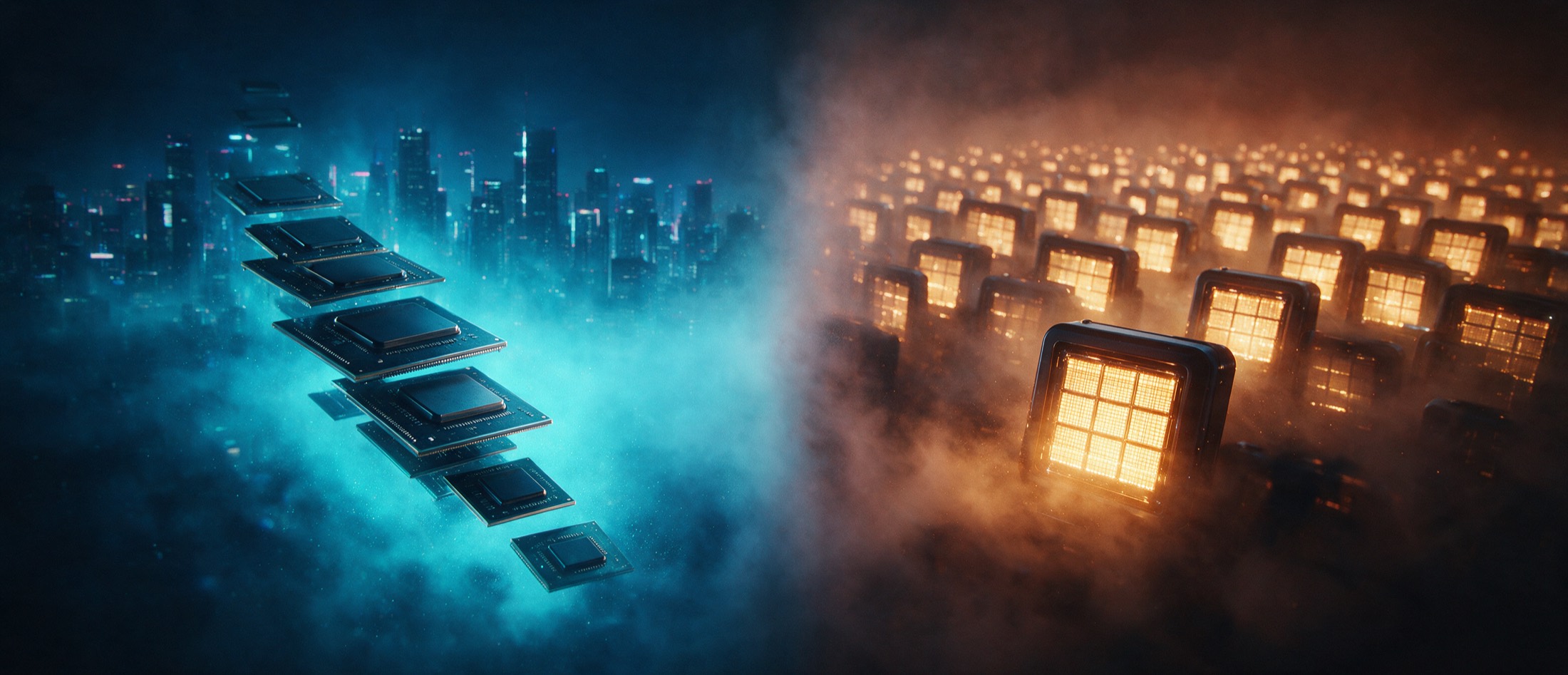 A frame split in two: on the left a descending staircase of ever smaller processors in cyan against a night skyline; on the right a single glowing module multiplied into an endless amber field.
